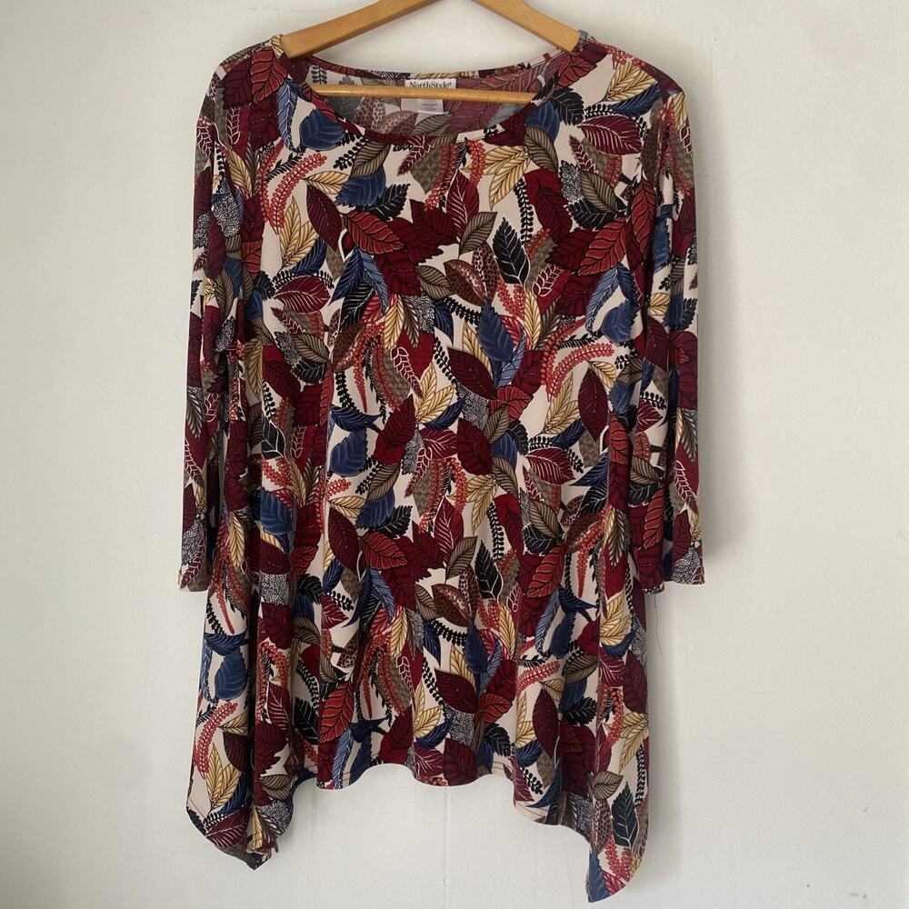 Northstyle Top Womens XL Floral Boho Shark bite 3/4 Slv Colorful Blouse Tunic